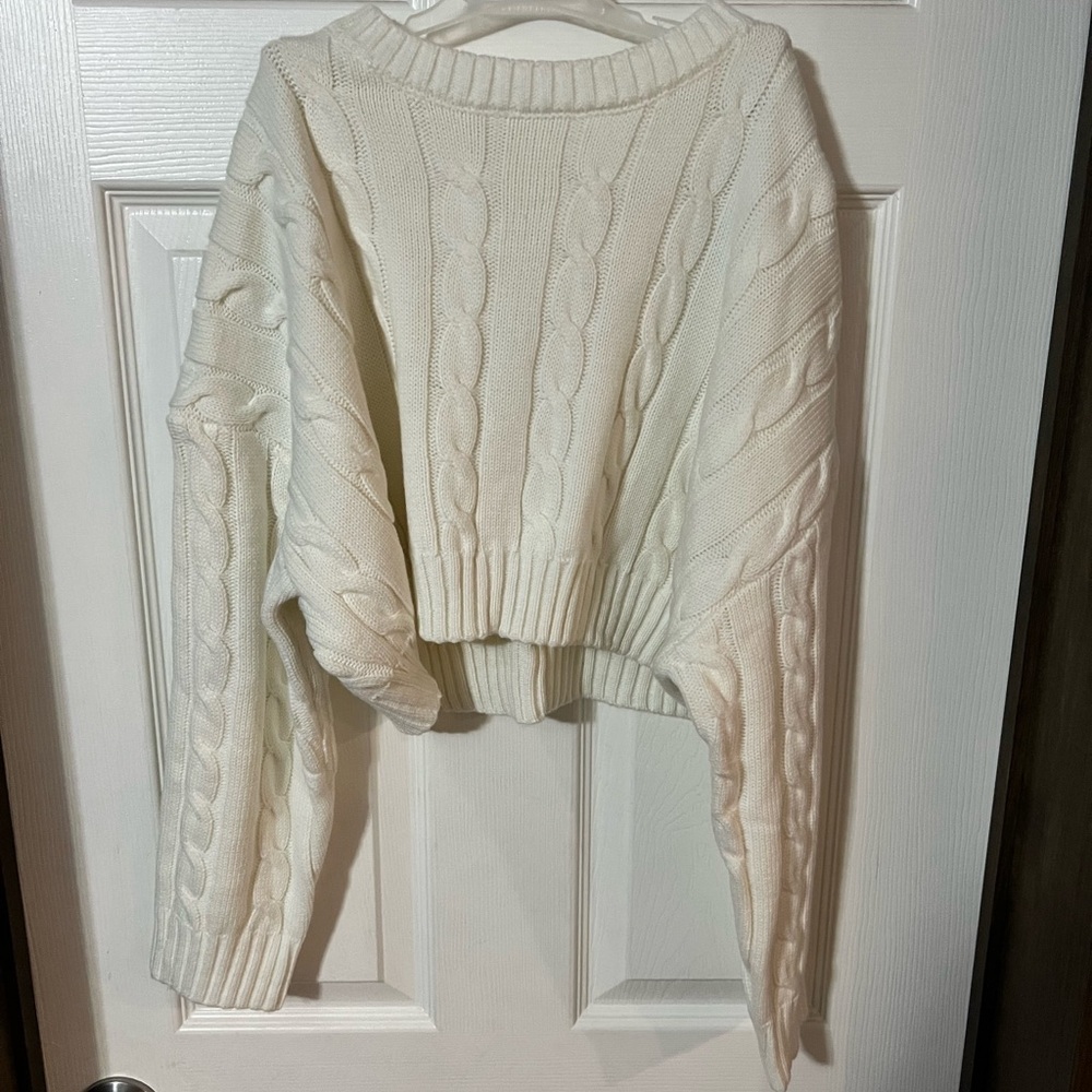 Cream Crew Neck Cable Knit Sweater